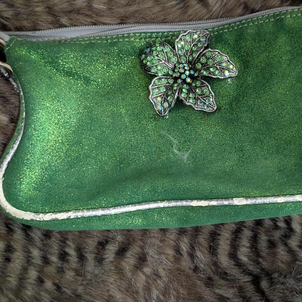 Vintage Italian Shimmer Green Leather handbag with Silver Leather Strap